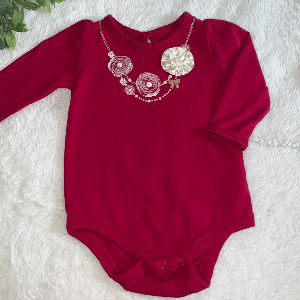 Gap Baby Girls Red Onesie 3-6M EUC Floral Embellishment